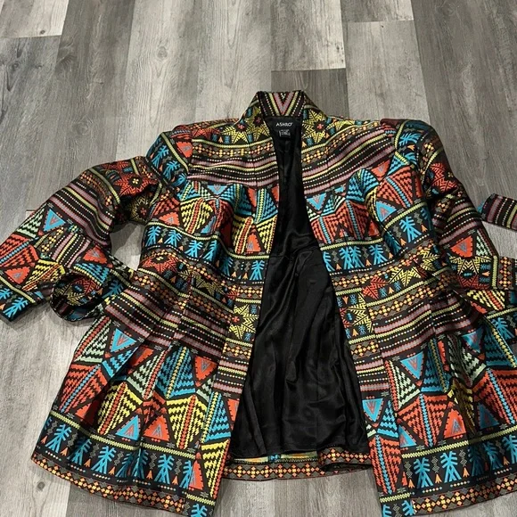 Ashro Multicolor Tribal Print Jacket, swing jacket, large pleats, removable belt - Picture 4 of 7